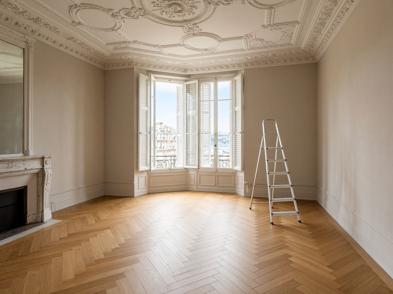 Salon haussmannien, moulures et parquet, rénovation à Marseille