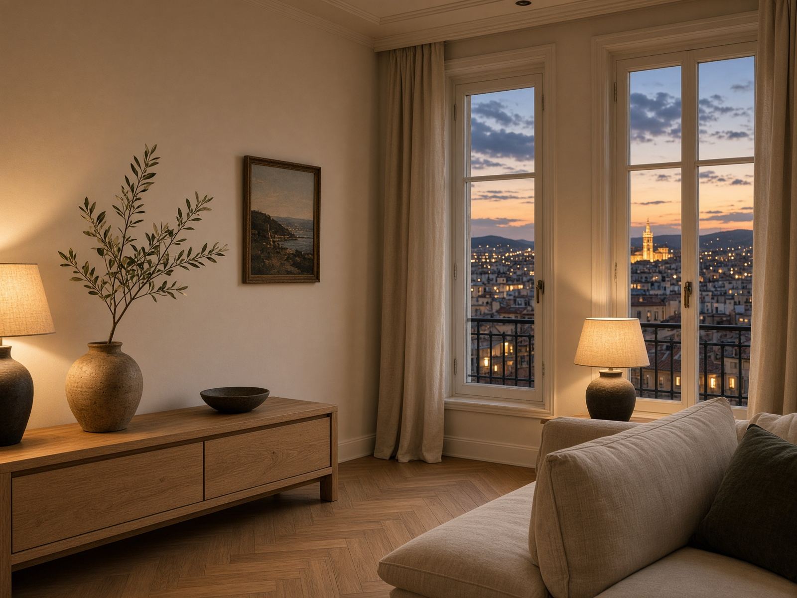 Salon rénové à l’heure bleue, appartement à Marseille